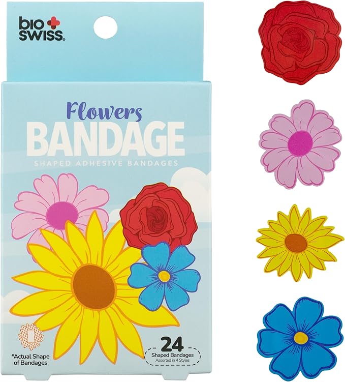 BioSwiss Bandages, Flowers Shaped Self Adhesive Bandage, Latex Free Sterile Wound Care, Fun First Aid Kit Supplies for Kids and Adults, 24 Count-CubbioJoy