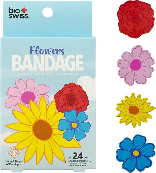 BioSwiss Bandages, Flowers Shaped Self Adhesive Bandage, Latex Free Sterile Wound Care, Fun First Aid Kit Supplies for Kids and Adults, 24 Count-CubbioJoy