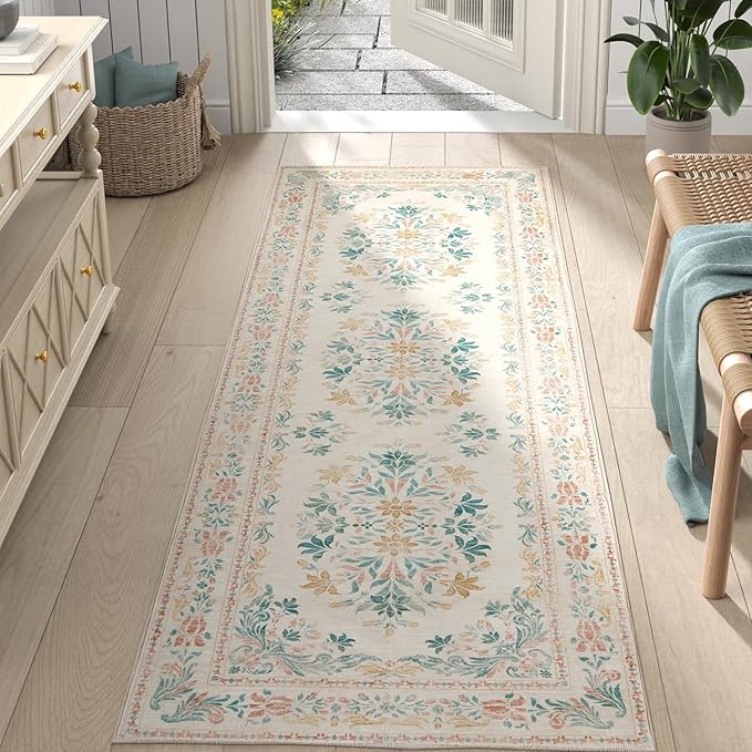 jinchan Hallway Runner Rug 2x8 Vintage Floral Distressed Design - Machine Washable Non-Slip Low-Pile Soft Thin Faux Wool Kitchen Carpet for Farmhouse Bedroom Laundry Room(2x8ft,Apricot Multi)-CubbioJoy