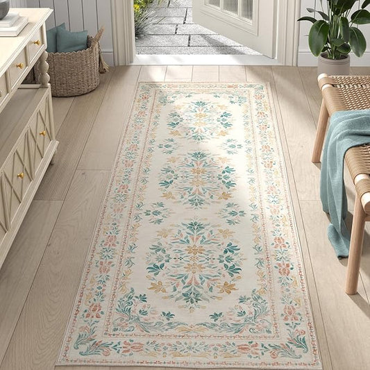 jinchan Hallway Runner Rug 2x8 Vintage Floral Distressed Design - Machine Washable Non-Slip Low-Pile Soft Thin Faux Wool Kitchen Carpet for Farmhouse Bedroom Laundry Room(2x8ft,Apricot Multi)-CubbioJoy