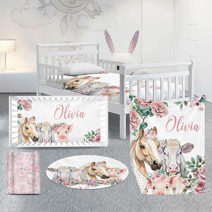 Custom Nursery Crib Bedding Set: Personalized Name 4 Piece Flower Horse Design Baby Crib Sets for Girls - Toddler Double Layer Blanket Set, Comfortable Crib Bed Sheets for Baby Toddlers-CubbioJoy