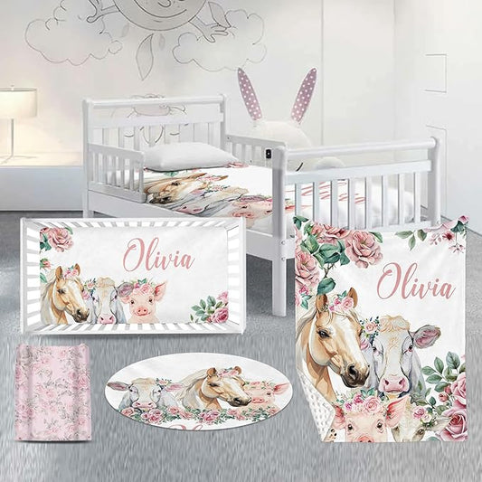 Custom Nursery Crib Bedding Set: Personalized Name 4 Piece Flower Horse Design Baby Crib Sets for Girls - Toddler Double Layer Blanket Set, Comfortable Crib Bed Sheets for Baby Toddlers-CubbioJoy