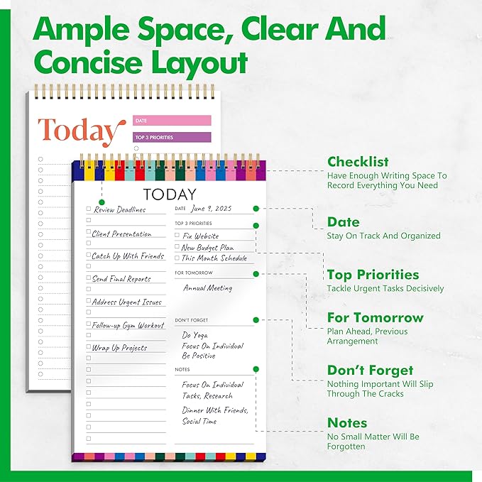 2 To Do List Notepads, Daily Planner Notebook with Tear-off Design, Undated Writing Organizer for Daily Tasks and Goal, Coiled Task Track Checklist Productivity Pad for Office, Classroom, Home, School-CubbioJoy
