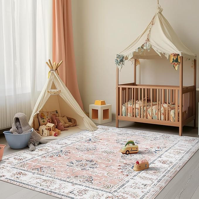 jinchan Washable Area Rug 4x6 Ultra-Thin Low Pile Non-Slip Stain Resistant Soft Faux Wool Spring Floral Rug Distressed Vintage Carpet for Bedroom,Living Room,Dining Room,Kitchen,Nursery(Pink, 4' x 6')-CubbioJoy