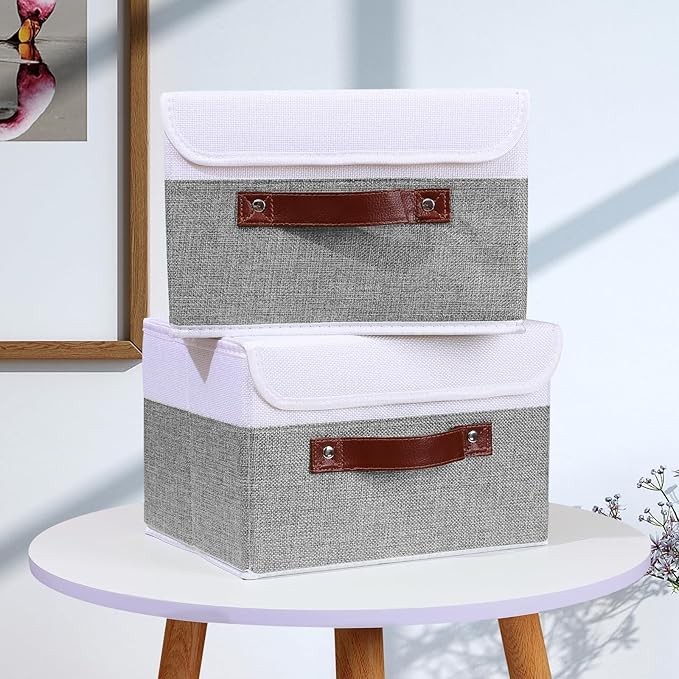 ANMINY 2PCS Storage Boxes with Lid Washable Decorative Storage Bins Basket with PU Leather Handle Foldable Linen Fabric Storage Cubes Containers for Home Closet Organizer - Gray White, Small Size-CubbioJoy