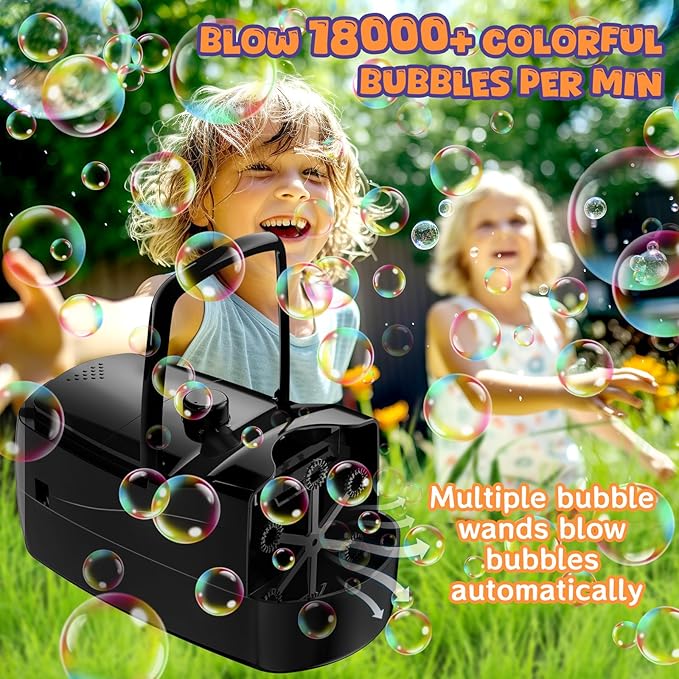 Bubble Machine, Automatic 18000+ Per Minute Big Bubbles Blower Maker for Kids Toddlers with 2 Speeds,6 Wands,Operated by Plugin or Batteries for Outdoor/Indoor Birthday Parties,Wedding (Black)-CubbioJoy