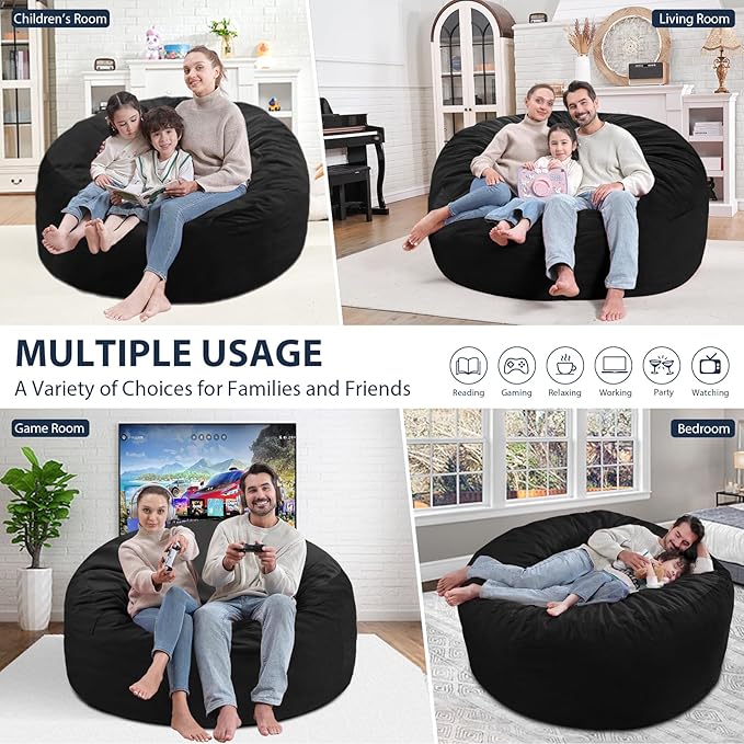 5FT Bean Bag Chair, Large Bean Bag Chairs with Memory Foam Filled, Fluffy Beanbag Sofa with Dutch Velvet Cover, Round BeanBag Chairs for Living Room, Playroom - Black-CubbioJoy
