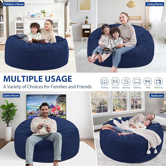 3FT Bean Bag Chair, Comfy Bean Bag Chairs with Memory Foam Filled, Fluffy Beanbag Sofa with Dutch Velvet Cover, Round BeanBag Chairs for Living Room, Playroom - Blue-CubbioJoy
