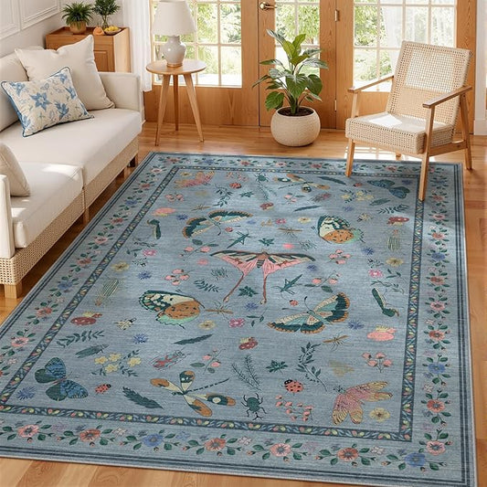 5x7 Washable Area Rug with Insect Print - Bug Rug Non-Shedding Stain Resistant Soft Carpet for Bedroom, Low Pile Ultra-Thin Machine Washable Carpet for Dining Room, Kids Nursery, Office (5'x7' Blue)-CubbioJoy