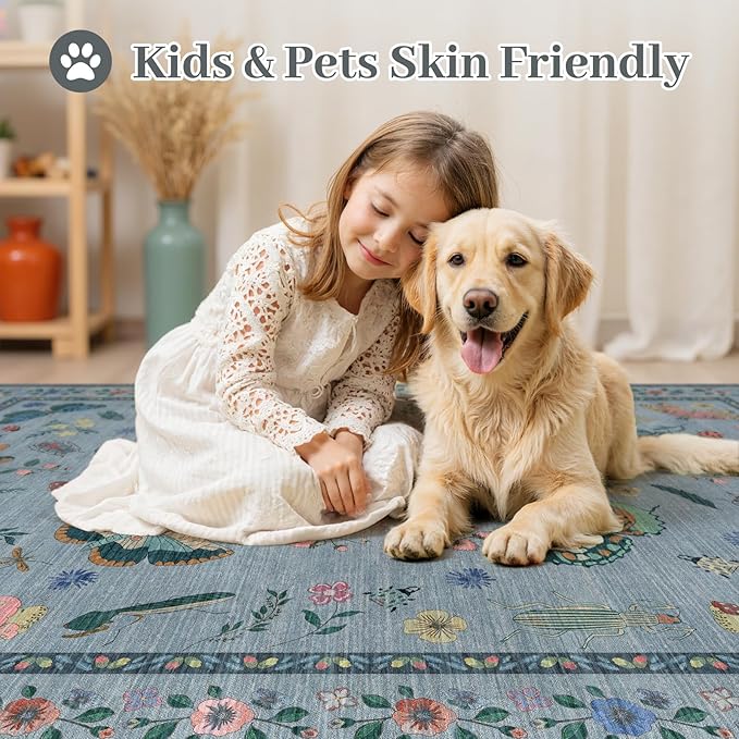 8x10 Area Rugs with Insect Print - Bug Rug Non-Shedding Stain Resistant Soft Carpet for Bedroom, Low Pile Ultra-Thin Machine Washable Carpet for Dining Room, Kids Nursery, Office (8'x10' Blue)-CubbioJoy