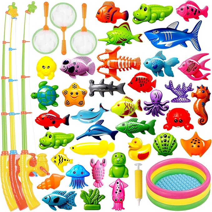 CozyBomB™ Magnetic Fishing Toys Game Set for Kids | Water Table Bathtub Kiddie Pool Party & Pole Rod Net, Plastic Floating Fish Toddler Color Ocean Sea Animals Birthday Age 3 4 5 6 Year-CubbioJoy