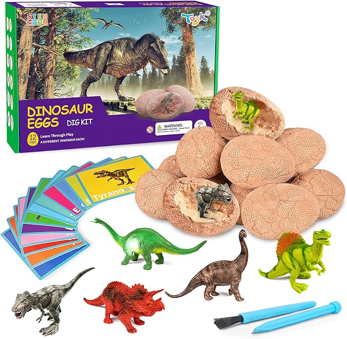Dig Up Dinosaur Fossil Eggs, Break Open 12 Unique Eggs and Discover 12 Cute Dinosaurs, Easter Digging Toy for 3 4 5 6 7 8 9-12 Year Old Boys Archaeology Science STEM Gift-CubbioJoy