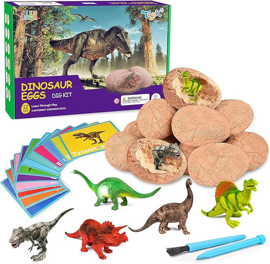 Dig Up Dinosaur Fossil Eggs, Break Open 12 Unique Eggs and Discover 12 Cute Dinosaurs, Easter Digging Toy for 3 4 5 6 7 8 9-12 Year Old Boys Archaeology Science STEM Gift-CubbioJoy