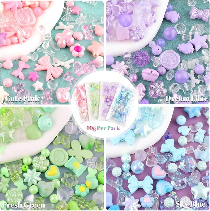 Assorted 180-240PCS Acrylic Beads for Bracelet Making, Flower Bow Butterfly Candy GummyBear Aesthetic Bracelet Charms,Cute Beads for Jewelry Making DIY Necklace Keychain Phone Charm-CubbioJoy