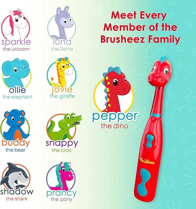 Brusheez Kids’ Electric Toothbrush Set - Safe & Effective for Ages 3+ - Parent Tested & Approved with Gentle Bristles, 2 Brush Heads, Rinse Cup, 2-Minute Timer, & Storage Base (Pepper The Dino)-CubbioJoy