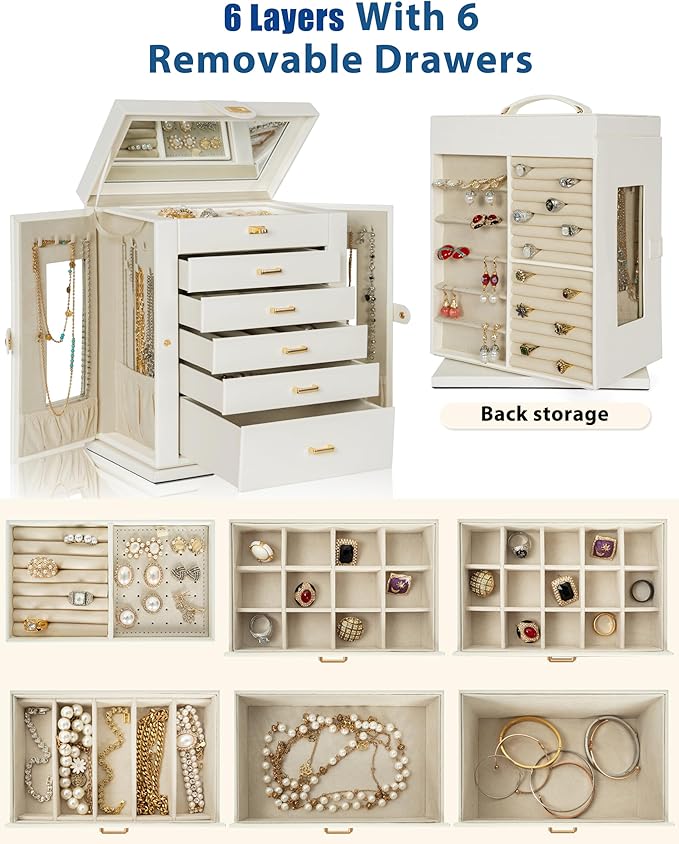 AKOZLIN Jewelry Box 6-Tier Organizer Functional 360° Rotating Jewelry Storage Case for Women Girls Ring Necklace Earring Bracelet Holder with Mirror-CubbioJoy