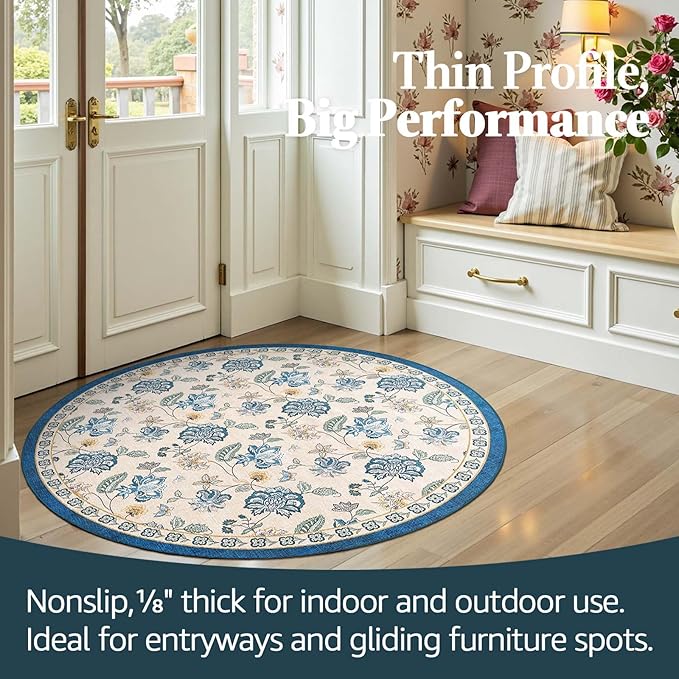 jinchan 4ft Floral Round Rug for Entryway Washable Kitchen Rug Vintage Romance Design Non Slip Indoor Doormat Lightweight Low-Profile Throw Carpet for Living Room Dining Room Bedroom, Blue/Beige-CubbioJoy