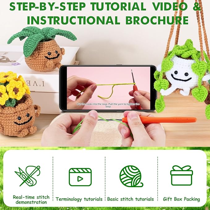 Crochet Kit for Beginners - 3 PCS Potted Plants Crochet Kit with Step-by-Step Video Tutorials, Beginner Crochet Kits for Adults Kids, Potted Plant with Swing Crocheting Set-CubbioJoy