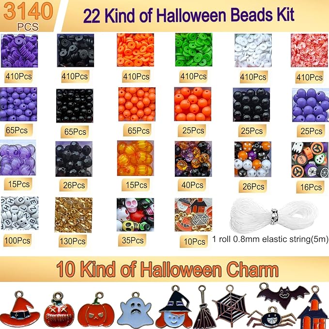3140Pcs Halloween Beads for Bracelet Jewelry Making Kit, Halloween Clay Beads Black White Orange Purple Pumpkin Round Letter Star Skull Bead Bulk with Ghost Witch Hat Charm for DIY Craft Earring-CubbioJoy