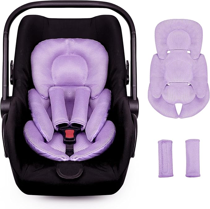 Infant Car Seat Insert for Newborn Girls Boys, Summer Mesh Baby Carseat Head Support with Strap Pads, Soft Reversible Baby Car Seat Insert Cushion Pad for Car Seat, Stroller, Bouncer, Swing, Purple-CubbioJoy