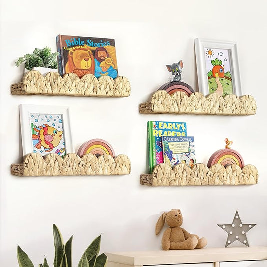 AELS Scalloped Nursery Bookshelf, Set of 4, Picture Ledge Shelf for Wall Decor, Woven Natural Water Hyacinth Floating Shelves for Books, Toys, Photo Frames, Nursery, Boho Modern Farmhouse Book Shelf-CubbioJoy