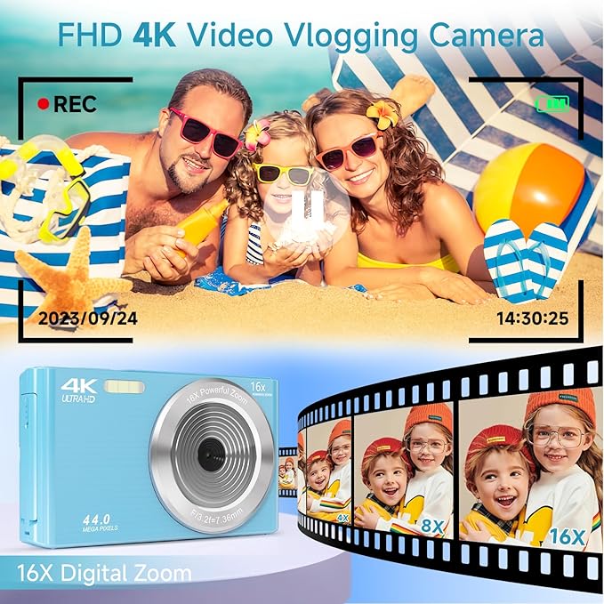 Digital Camera for Teens, FHD 4K 44MP with 64GB SD Card, 16X Digital Zoom, Compact Point Shoot Camera Blue-CubbioJoy