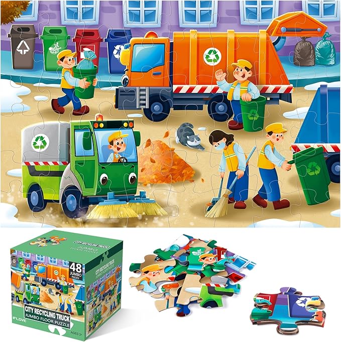 Jumbo Floor Puzzle for Kids,Recycling Garbage Truck Jigsaw Large Puzzles,48 Piece Trash Truck Vehicle Puzzle for Toddler Ages 3-5,Children Learning Preschool Educational Toys,Gift for 4-8 Years Old-CubbioJoy