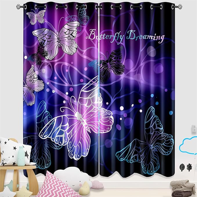 Butterfly Window Curtain Panels Purple Blackout Girls Curtains for Bedroom 2 Panels Curtains 84 inch Length for Girls Bedroom Nursery Room Grommet Top Thermal Insulated Curtains, 82" x 84"-CubbioJoy