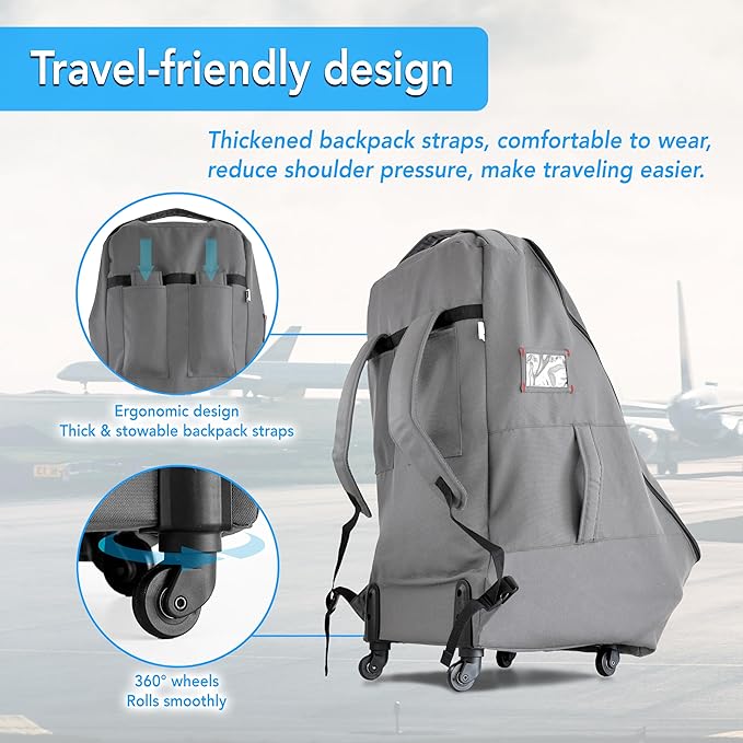 Car Seat Travel Bag with Wheels Heavy Duty Water-resistant Protective Cover for Airplane Travel & Rolling Design, Padded Handle,Padded Adjustable Strap (Grey)-CubbioJoy