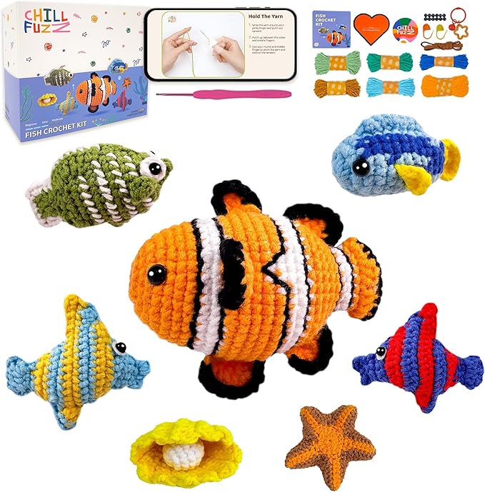 ChillFuzz Animal Crochet Kit Beginner Crochet Kit for Adults and Kids with Yarn Hook and Instructions Creative DIY Craft Project Aquarium-CubbioJoy