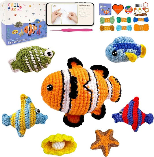 ChillFuzz Animal Crochet Kit Beginner Crochet Kit for Adults and Kids with Yarn Hook and Instructions Creative DIY Craft Project Aquarium-CubbioJoy