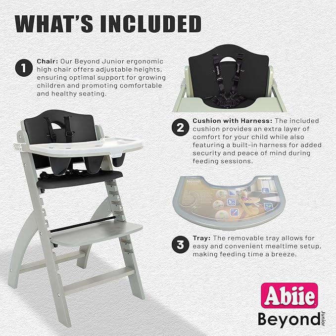 Abiie Beyond Junior Wooden High Chair with Tray - Adjustable and Convertible High Chair for Babies and Toddlers - 6 Months to 250 Lb - Water Resistant - Misty Grey Wood/Black Pearl Cushion-CubbioJoy