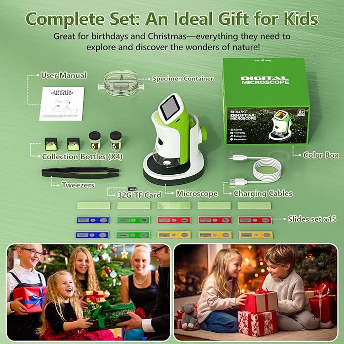 Detachable Kids Handheld Microscope Miniscope - 4K 2.0" HD Screen, 1000X Digital Pocket Toy Microscopes for Boys & Girls Ages 4-12 - Portable Science Stem Kit with Slides Set, 32G Card & EVA Case-CubbioJoy