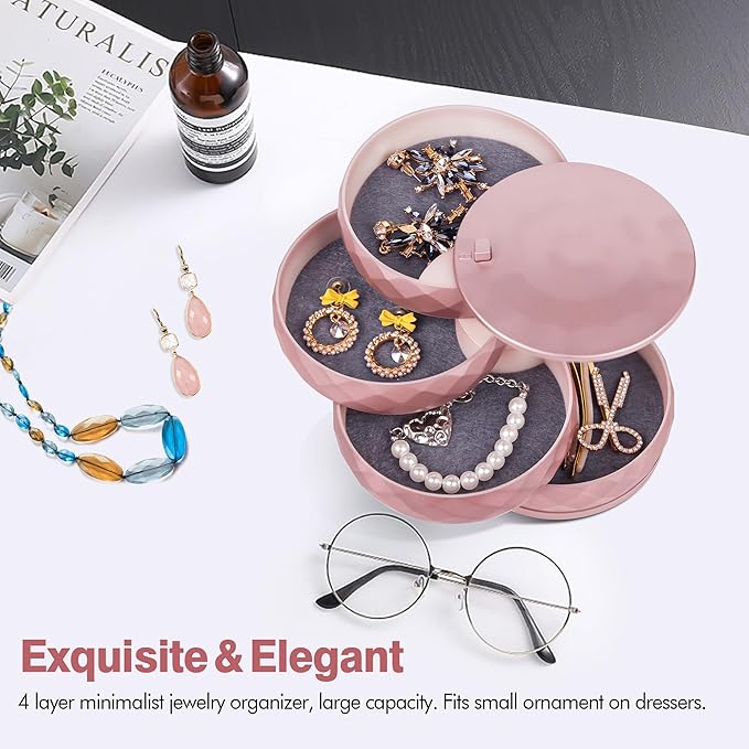 CONBOLA Travel Jewelry Case Box, Small Jewelry Organizer Earring Holder for Women, 5-Layer Rotating Jewelry Storage Tray with Lid for Bracelets Rings Bracelets-CubbioJoy