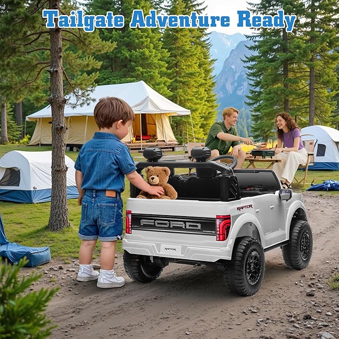 24V Ride on Car Licensed Ford F-150 Raptor, Kids Electric Car with Remote Control, LED Light/Music/MP3, Truck Bed Storage, 3-Point Seat Belt (24V, White)-CubbioJoy