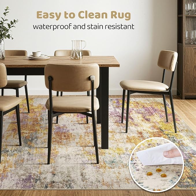 9x12 Area Rugs Living Room: Machine Washable Large Abstract Modern Soft Rug Stain Resistant Indoor Floor Non Slip Accent Carpet for Bedroom Nursery Playroom Office Dining Room Dorm- Gold Colorful-CubbioJoy