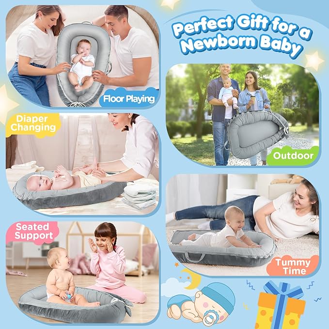 Baby Lounger - Baby Lounger for Newborn 0-24 Months, Breathable & Soft Cotton and Velvet Cover Baby Nest, Portable Tummy Time Lounger for Home and Travel, Ideal Baby Essentials & Shower Gifts-CubbioJoy