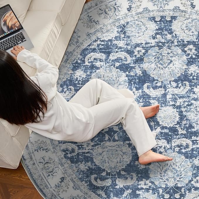 jinchan Round Rug 7ft Area Rug - Dark Blue Vintage Floor Mat Kitchen Indoor Ultra-Thin Soft Floral Print - Washable Circle 7' Retro Accent for Farmhouse Non Slip Dining Room Living Room Bedroom Office-CubbioJoy