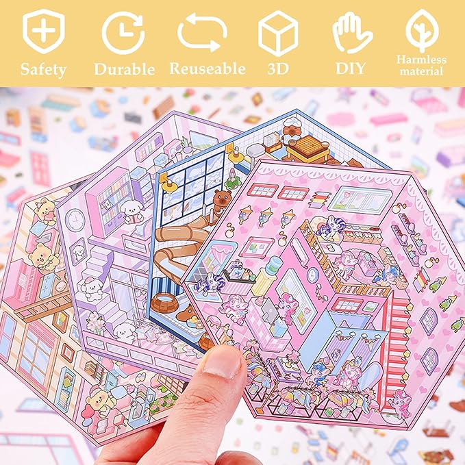 DIY 3D Sticker Scene, 6 Sets of Aesthetic Stickers for Girls Make Your Own Mini Shop Scenes Stickers for Kids Sticker Therapy for Adult Relief Stress Pass The Time-CubbioJoy