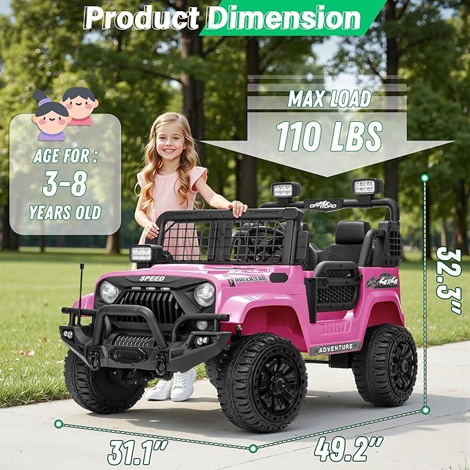2 Seater Ride On Car Truck with Remote Control XL, Kids 24V Battery Powered Electric Vihicle w/21 in Seat, 3 Speeds, 2WD/4WD Switichable, Shock Absorbers,Bluetooth, Flower, Gift Choice-CubbioJoy