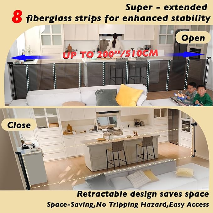 200" Retractable Baby Gates Extra Wide for Large Opening, 41" Extra Tall Retractable Dog Gate Pet Gates, Long Child Safety Mesh Gate with Fiberglass Rods for Stairs, Doorways, Hallways, Indoor/Outdoor-CubbioJoy