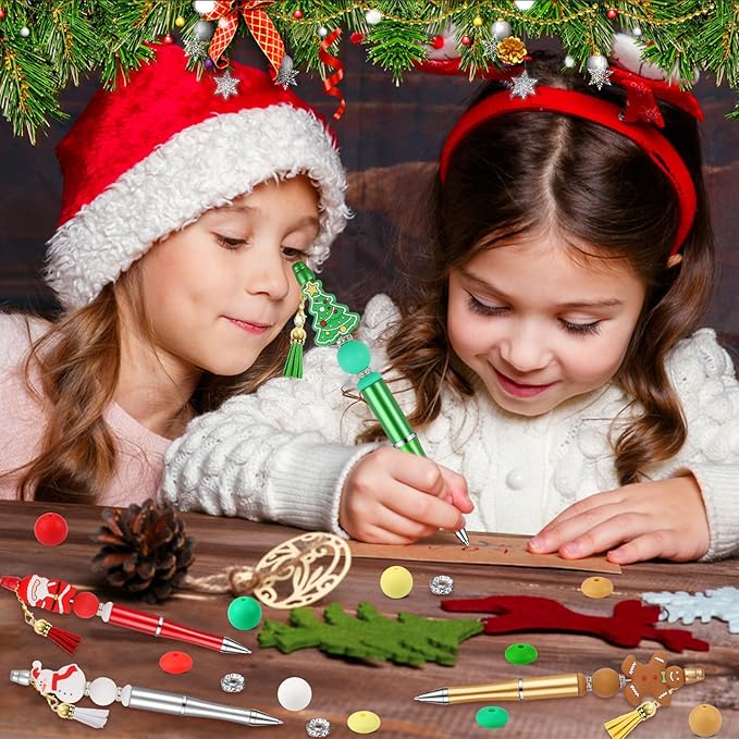 CZWZ 8 Pcs Christmas Beadable Pens, Plastic Beadable Pens with Multicolor Silicone Beads, Christmas Snowman Pine Tree Floral Hoop Deer Pens for Christmas Gifts Office School Supplies-CubbioJoy