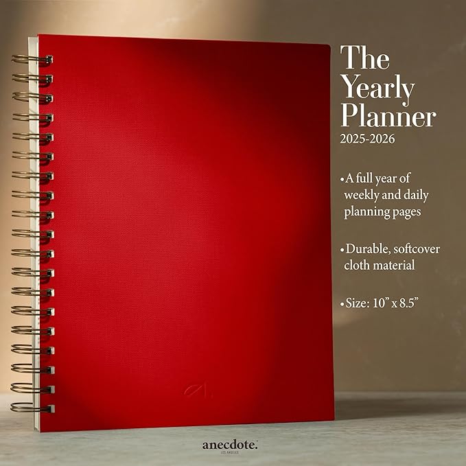 Anecdote 2026 Planner (8.5" x 10") Daily Planner Weekly Monthly Planner - 52 Weeks w/Library Buckram Cover, Brass Spiral - A4 Size Bleed-Resistant Paper – Red-CubbioJoy