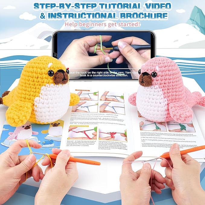 Crochet Kit for Beginners - Seal Crochet Kits with Step-by-Step Video Tutorials, Beginner Crochet Kit for Adults Kids, Crochet Animal Kit, 2 PCS Seals with a Fish Crocheting Set-CubbioJoy