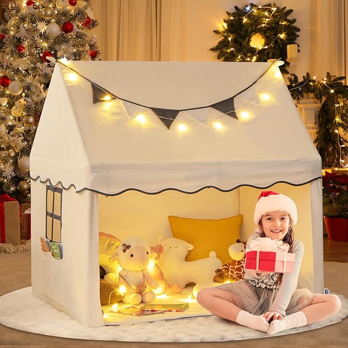 INFANS Kids Play Tent with Washable Mat Star Light Windows, Anti-Trip Large Playhouse Toys for Children Boys Girls, Indoor Outdoor Princess Tents Castle for Toddlers (Black- Wide Door)-CubbioJoy