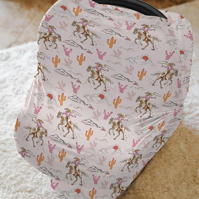 Cute Pink Cowgirl Car Seat Cover for Baby Western Cowgirls Horse Cactus Mountain Sunset Stretchy 5-in-1 Covers Adjustable Infant Carseat Canopy Cover Wild West Desert Breathable Nursing Cover-Up-CubbioJoy