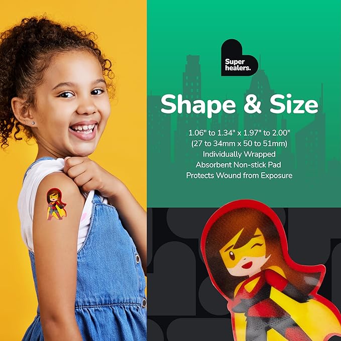 BioSwiss Bandages, Super Healers Superhero Shaped Self Adhesive Bandage, Latex Free Sterile Wound Care, Fun First Aid Kit Supplies for Kids and Adults, 50 Count-CubbioJoy