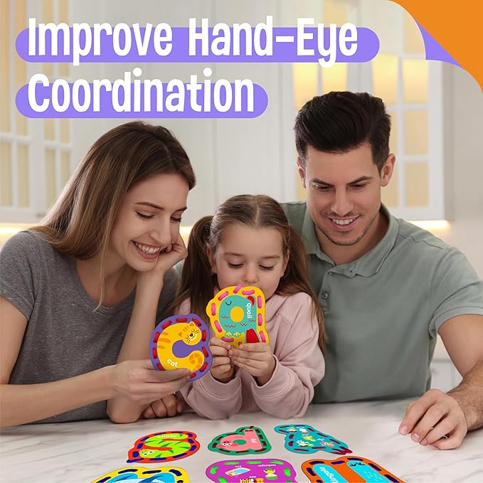 26PCS Alphabet Lacing Cards, Lowercase Letters Sewing Kit with 26 Double-Sided Cards and 26 Colorful Laces Alphabet Learning Toy Motor Skills Art Crafts for Toddlers, Kids, Students-CubbioJoy