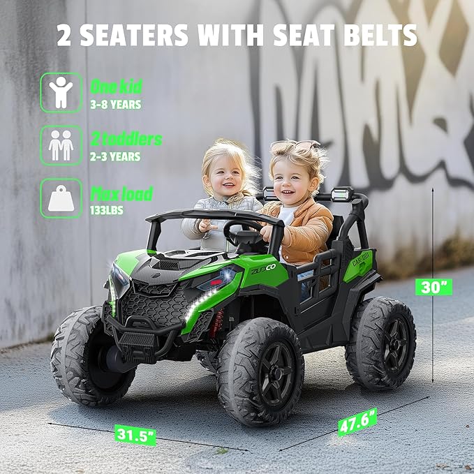 24V 2 Seater Ride on Car Truck, 4x200W, EVA Tires, Remote Control, 4WD/2WD, Rainbow Lights, Shock Absorbers, Bluetooth, Ride On UTV Toy for Kids Ages 3-8, Green-CubbioJoy