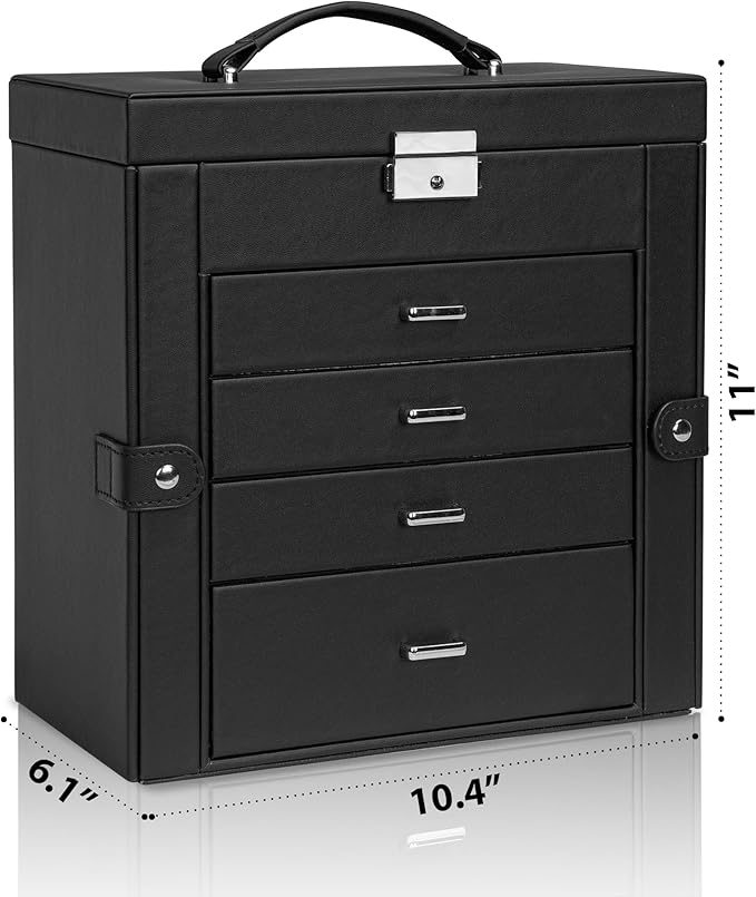 AKOZLIN 5-Tier Jewelry Box Lockable Leather Jewelry Storage Case with 4 Drawers for Women Girls Ring Necklace Earring Bracelet Watches Holder Organizer with Mirror-CubbioJoy